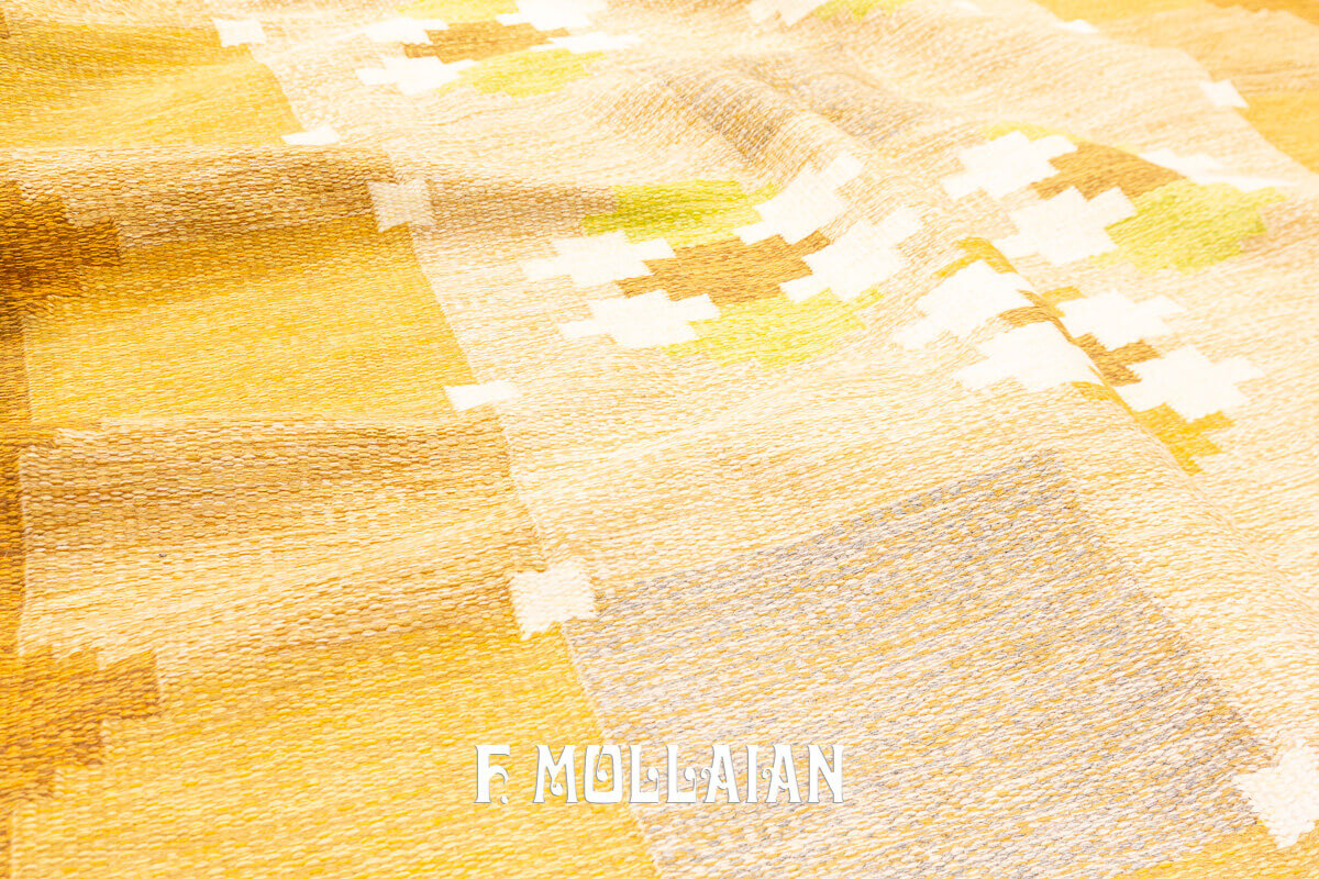 Signed «I S» Flat woven gold color Swedish Rolakan kilim n°:887936